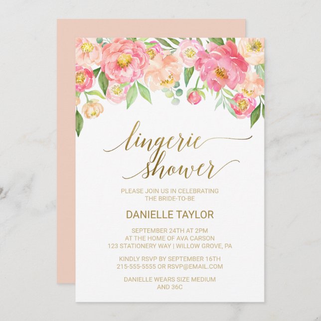 Peach and Pink Peony Flowers Lingerie Shower Invitation (Front/Back)