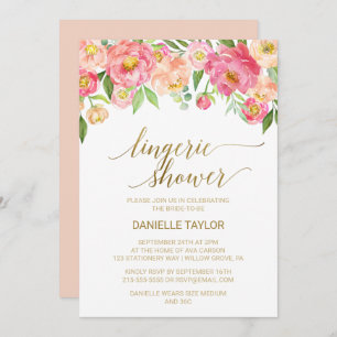 Peach and Pink Peony Flowers Lingerie Shower Invitation