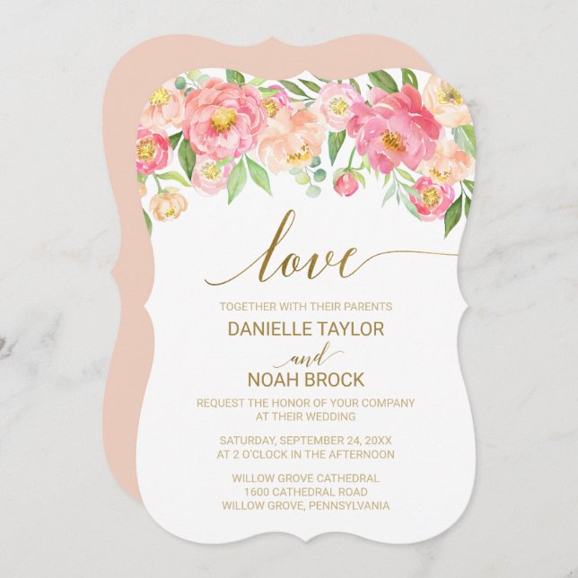 Peach and Pink Peony Flowers "Love" Wedding Invitation (Front/Back)
