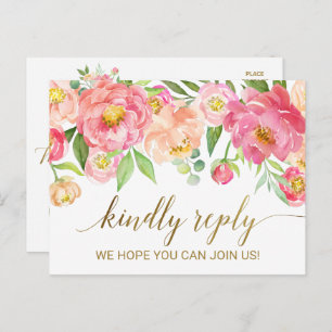 Peach and Pink Peony Flowers RSVP Invitation Postcard