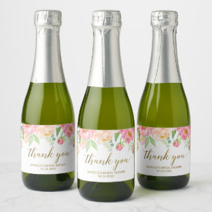 Peach and Pink Peony Flowers Thank You Favour Sparkling Wine Label