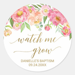Peach and Pink Peony Flowers Watch Me Grow Favour Classic Round Sticker