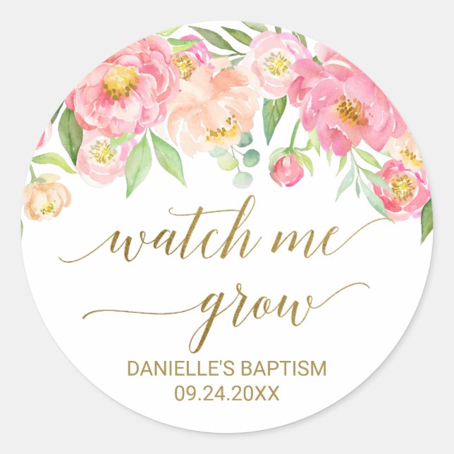 Peach and Pink Peony Flowers Watch Me Grow Favour Classic Round Sticker (Front)