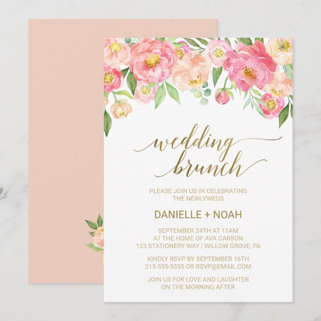Peach and Pink Peony Flowers Wedding Brunch Invitation (Front/Back)