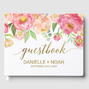 Peach and Pink Peony Flowers Wedding Guest Book