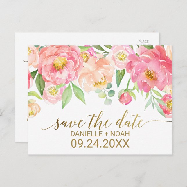 Peach and Pink Peony Flowers Wedding Save the Date Announcement Postcard (Front/Back)