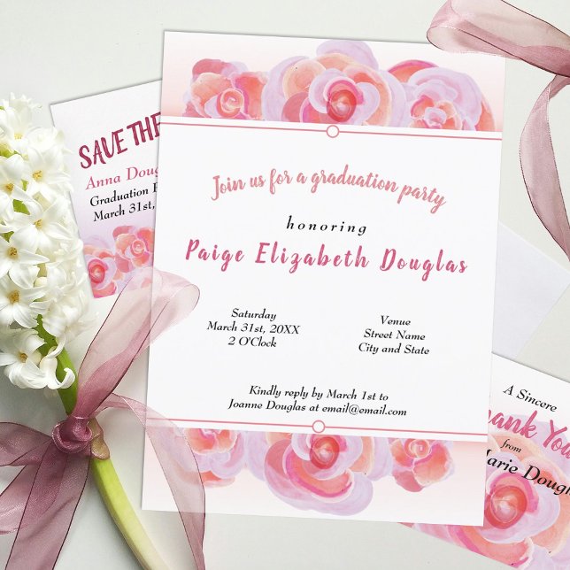 Peach and Pink Rose Graduation Party Invitations (dusty peach coral pink floral graduation party invitations for girl spring springtime)