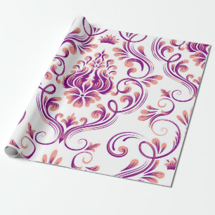 Peach and Purple Damask Floral Elegant Decoupage Wrapping Paper