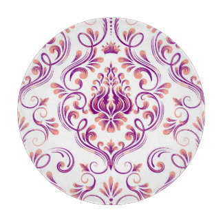 Peach and Purple Damask Floral Elegant Glass Cutting Board