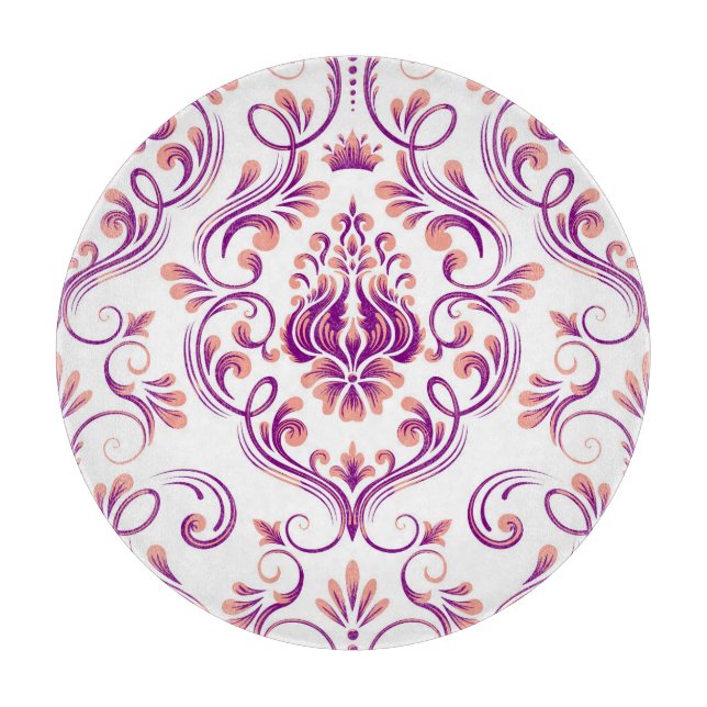 Peach and Purple Damask Floral Elegant Glass Cutting Board (Front)