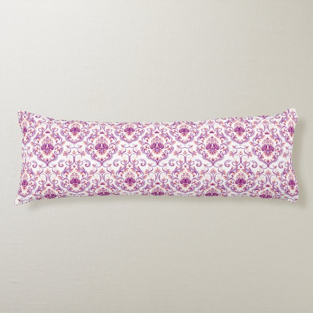 Peach and Purple Damask Floral Elegant Pattern Body Cushion (Front)