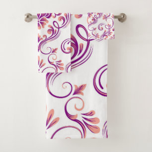 Peach and Purple Damask Floral Pattern Elegant Bath Towel Set