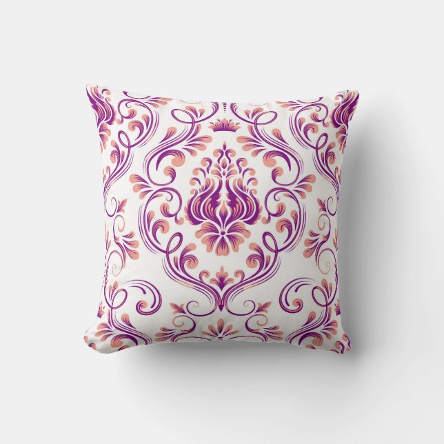 Peach and Purple Damask Floral Pattern Elegant Cushion (Front)