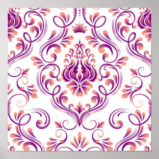 Peach and Purple Damask Floral Pattern Elegant Poster