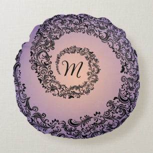 Peach and Purple Damask Monogram Round Cushion