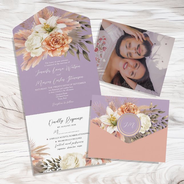 Peach and Purple Floral Wedding All In One Invitation (Creator Uploaded)