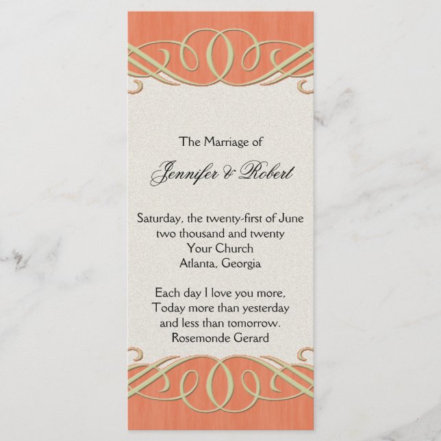 Peach and Sage Elegant Scroll Wedding Program (Front)
