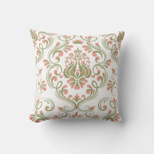 Peach and Sage Green Damask Floral Pattern Elegant Cushion