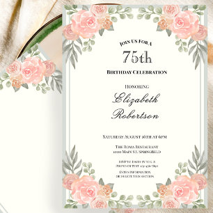 Peach and Sage Green Floral 75th Birthday Invitation