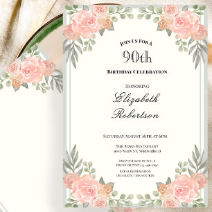 Peach and Sage Green Floral 90th Birthday Invitation