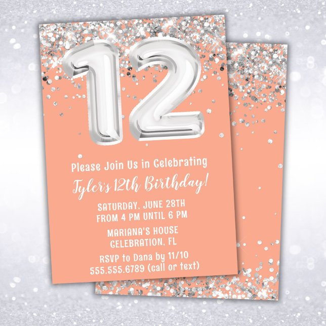 Peach and Silver 12th Birthday Invitation (Creator Uploaded)