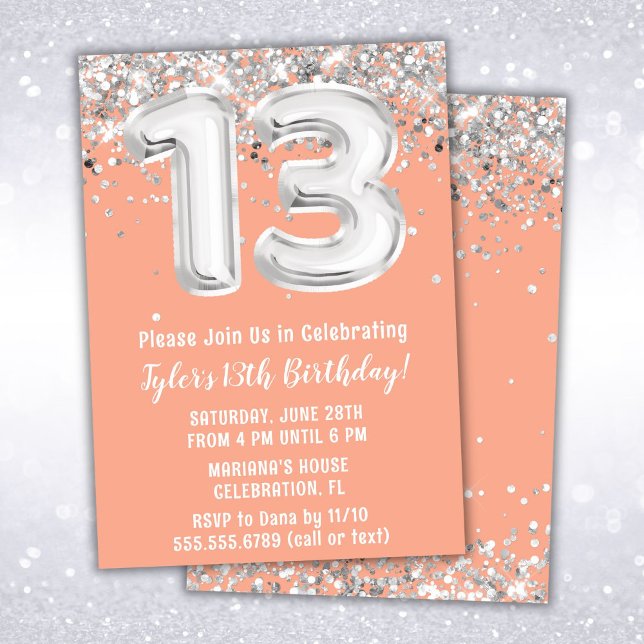 Peach and Silver 13th Birthday Invitation (Creator Uploaded)