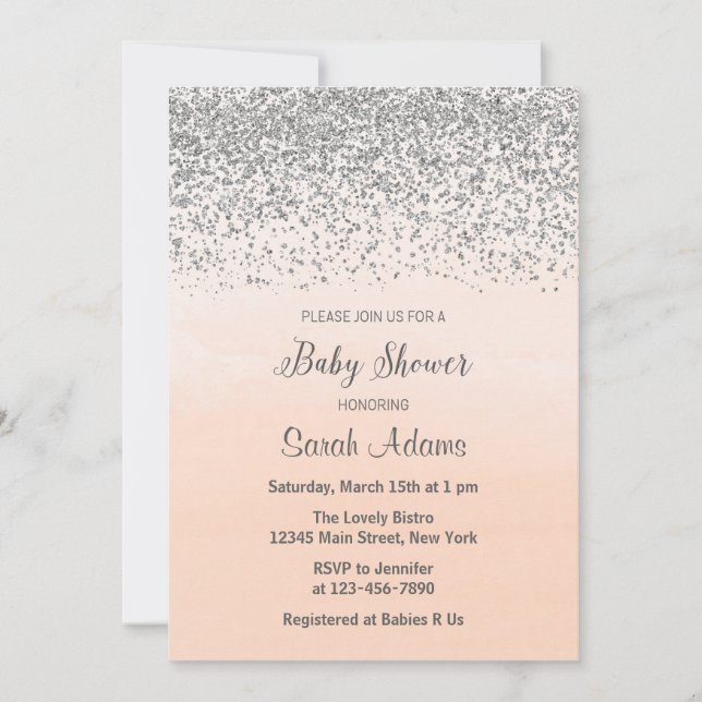 Peach and Silver Baby Shower Invitation (Front)