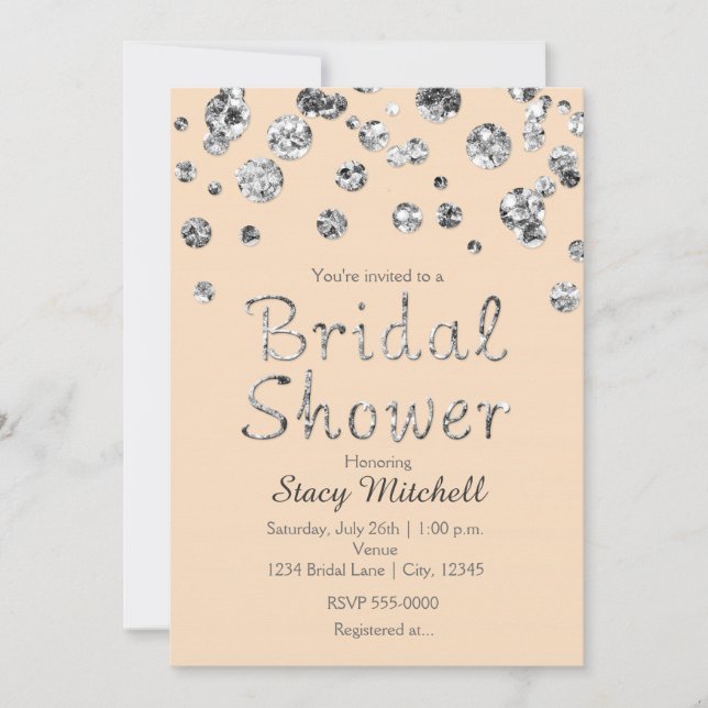 Peach and Silver Glitter Bridal Shower Invitation (Front)