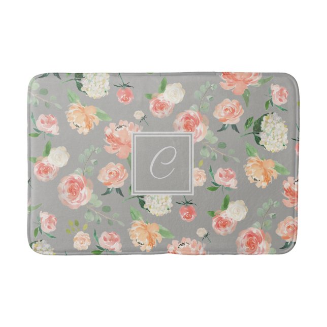 Peach and Taupe Floral Pattern with Monogram Bath Mat (Front)