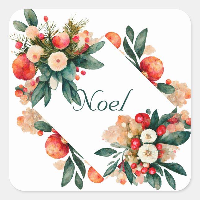 Peach and Teal Fruit and Flowers Christmas Square Sticker (Front)