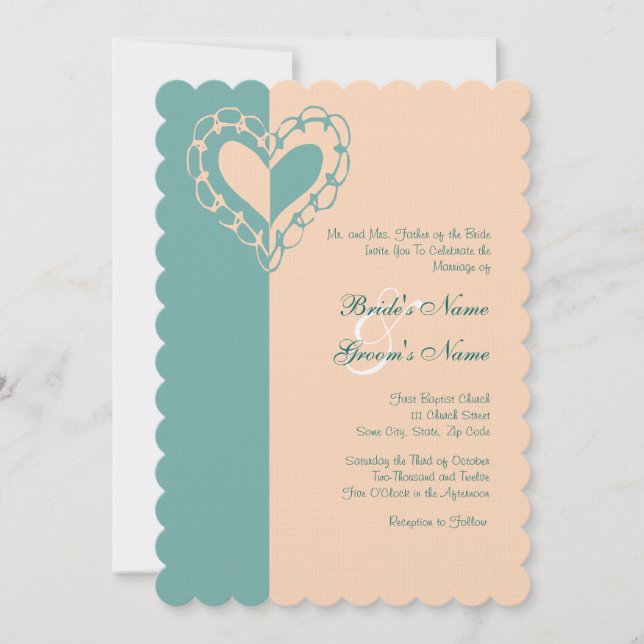 Peach and Teal Heart Wedding Invitation (Front)