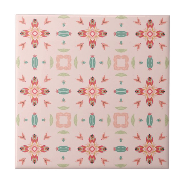 Peach and Teal Modern Floral Geometric Ceramic Tile (Front)