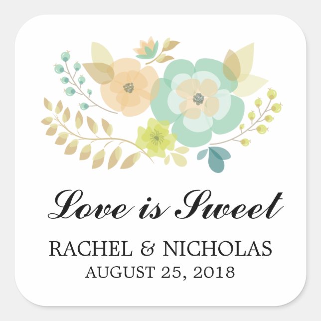 Peach and Teal Sheer Summer Flowers Favour Square Sticker (Front)