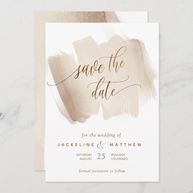 Peach and Terracotta Brush Strokes Minimal Wedding Save The Date (Front/Back)