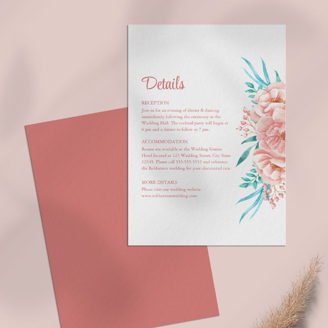 Peach and Tosca Floral Wedding Details Card (Peach and Tosca Floral Wedding Details Card on a pale pink table.)