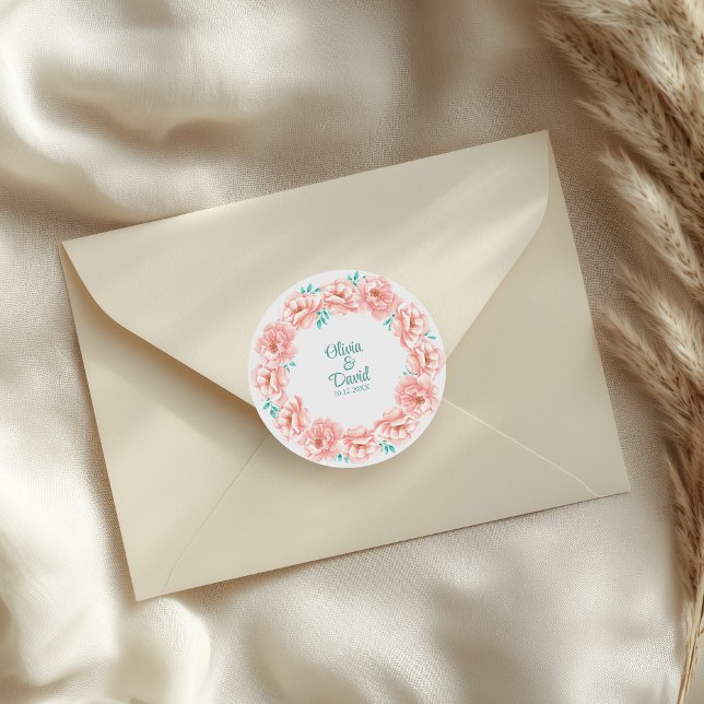 Peach and Turquoise Floral Wedding Classic Round Sticker (Peach and Turquoise Floral Wedding Classic Round Sticker on an elegant wedding envelope.)