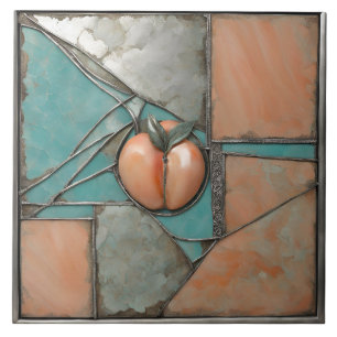 Peach and Turquoise metal art with silver Accents Ceramic Tile