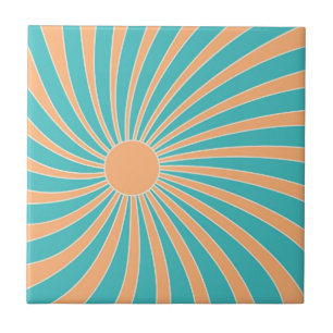 Peach and turquoise retro style sunburst design ceramic tile