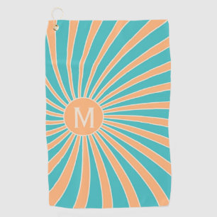 Peach and turquoise retro style sunburst design golf towel