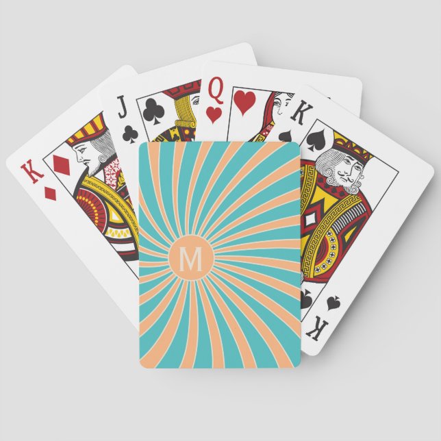 Peach and turquoise retro style sunburst design playing cards (Back)