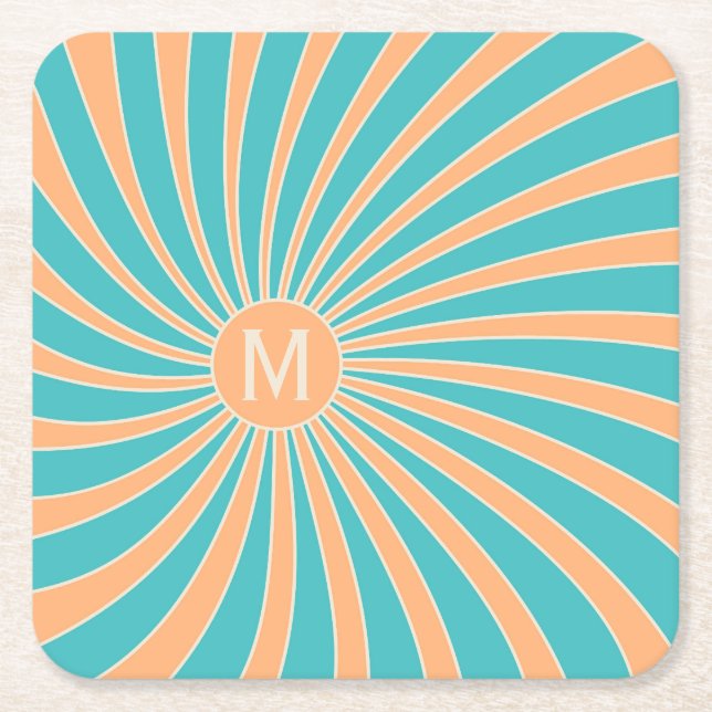 Peach and turquoise retro style sunburst design square paper coaster (Front)