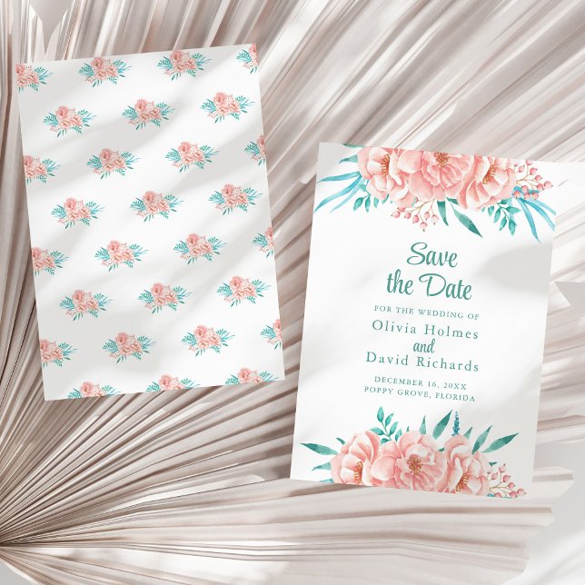 Peach and Turquoise Save the Date Card (Peach and Turquoise Save the Date Card on a sunny white dry palm leaf.)