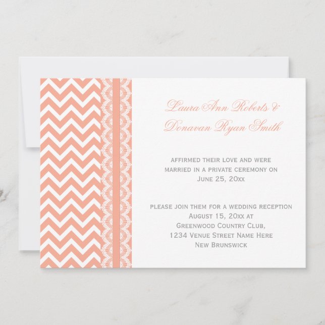 Peach and White Chevron Lace Reception Only Invitation (Front)