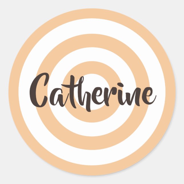 Peach and White Circles Dark Brown Name Classic Round Sticker (Front)
