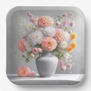 Peach and White Dahlia Bouquet Paper Plate