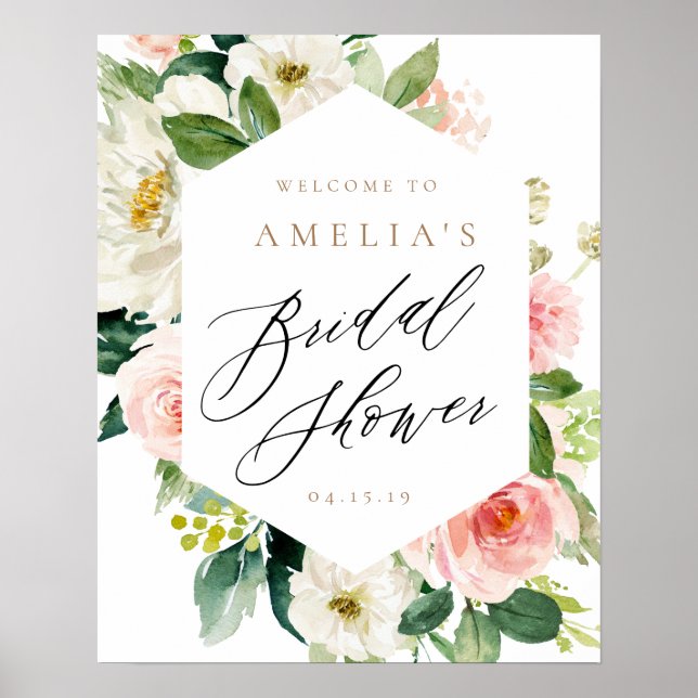 Peach and White Floral Bridal Shower Welcome Sign (Front)