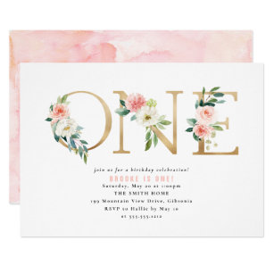 Peach and White Floral First Birthday Invitation