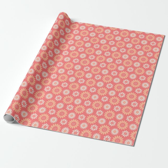 Peach and White Flowers on Coral Wrapping Paper (Unrolled)