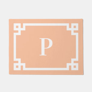 Peach and White Greek Key Border Monogram Doormat