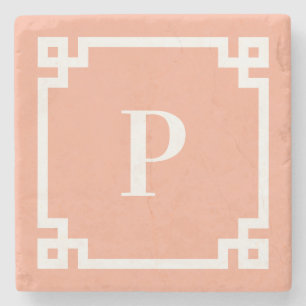 Peach and White Greek Key Border Monogram Stone Coaster